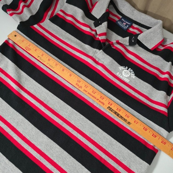Polo Sport Shirt Mens XL (Fits M) Gray Black Red Stripe Cotton Rugby Preppy Y2K - Picture 7 of 10